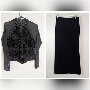 Tadashi Shoji Vintage Beaded Set Rich Brown Velvet Mock Neck Top Mesh Sleeves XL